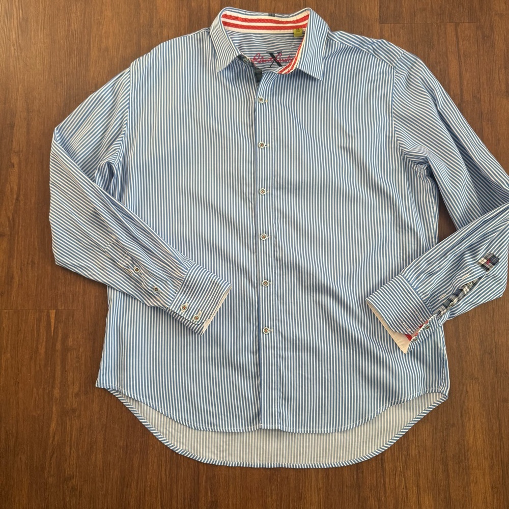 Robert Graham "X" Button Up Striped Shirt Men XL Blue White Contrast Cuff Collar